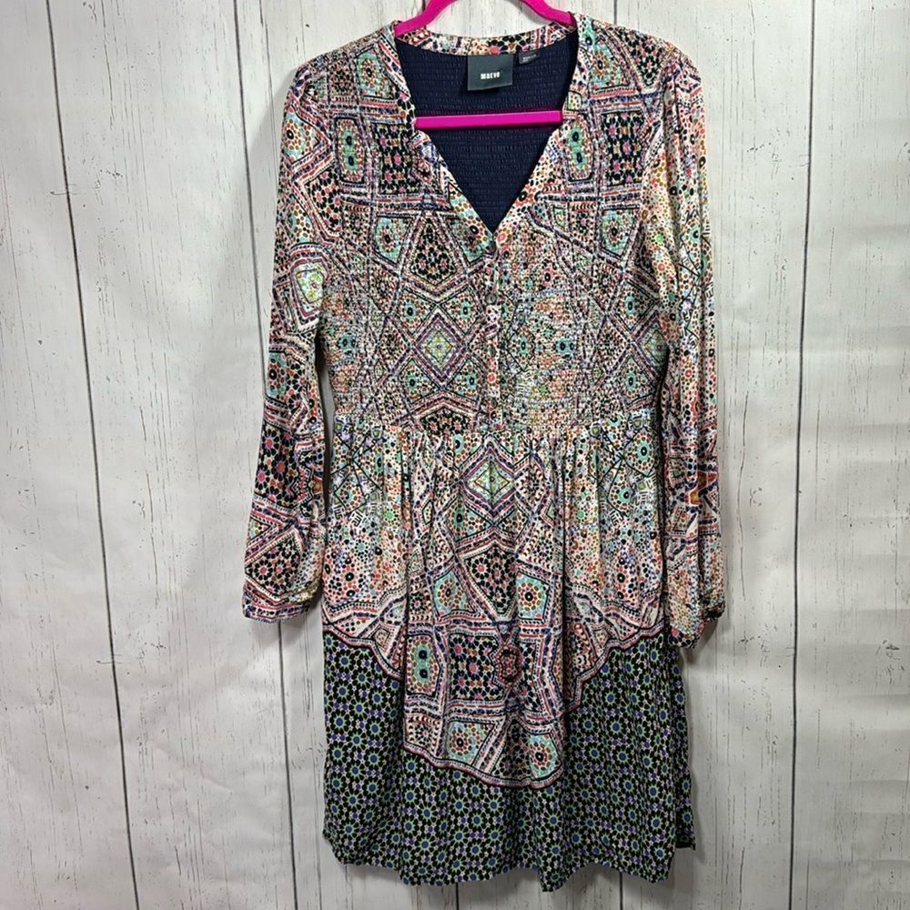Maeve Boho Mixed Print Smocked Tiered Mini Dress Festival Indie Geometric